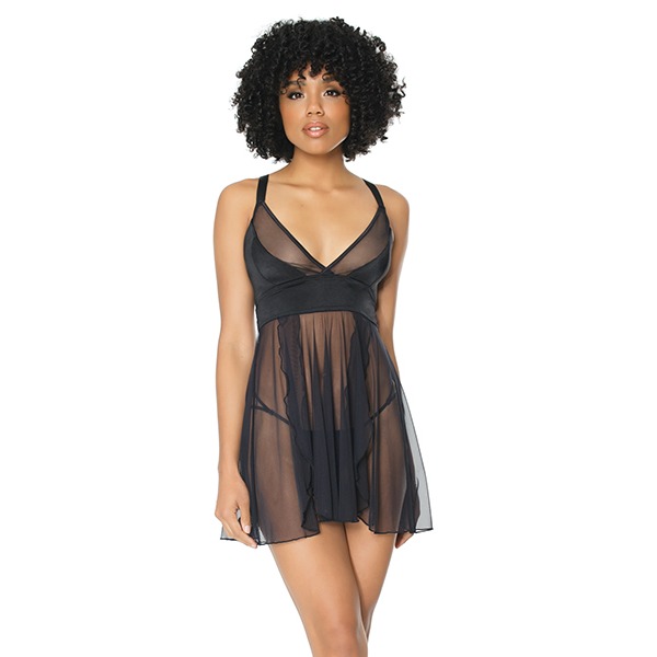 Double-Slit-Sheer-Babydoll-w-Cage-Detail-Back-and-G-String-Black-One-Size-Fits-Most-
