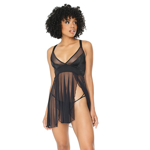 Double Slit Sheer Babydoll w/Cage Detail Back & G-String Black (One Size Fits Most)