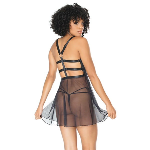 Double Slit Sheer Babydoll w/Cage Detail Back & G-String Black (One Size Fits Most)