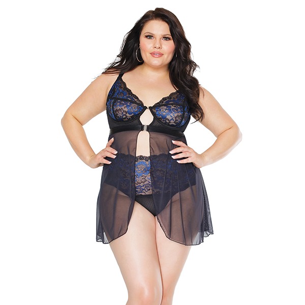 Scallop-Stretch-Lace-and-Mesh-Front-Closure-Babydoll-and-High-Waist-Thong-Black-Cobalt-1X-2X