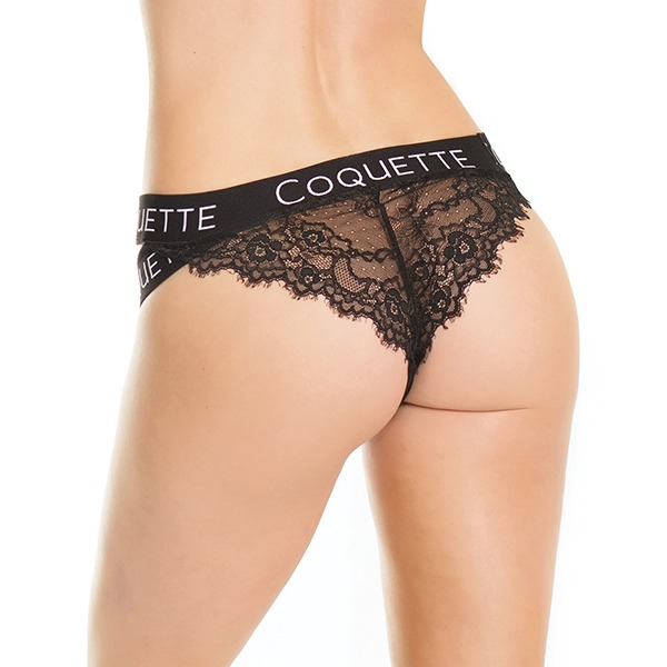 Fine Lace Back Panty w/Double Strap Waistband Black (One Size Fits Most)