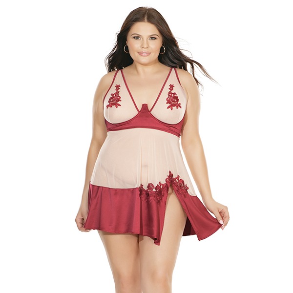 Sheer-Nylon-and-Stretch-Satin-Babydoll-w-Underwire-Cups-and-G-String-Merlot-Nude-1X-2X
