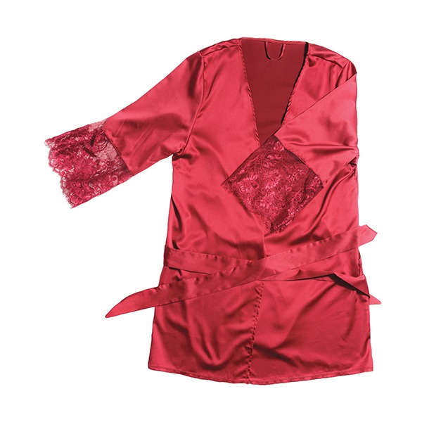 Stretch Satin Robe w/Eyelash Lace Sleeve Merlot OS/XL