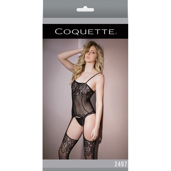 Sleek Seamless Stretch Net Cami Top w/Lace Print Detail & Attch. Stockings Black (One Size Fits Most)
