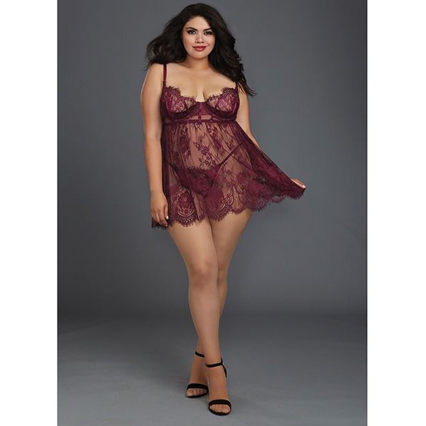 Eyelash Lace Babydoll w/Underwire Cups & Lace Thong Mulberry 1X