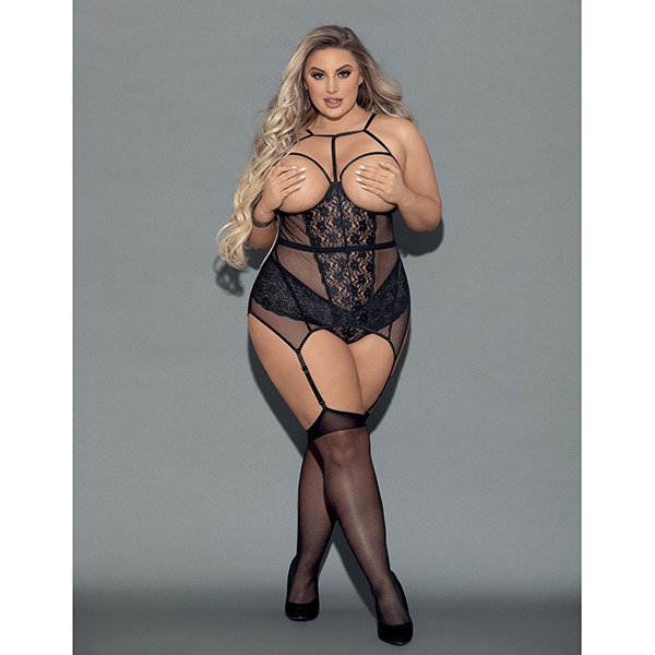 Euphoria Open Cup Bustier & Crotchless Boyshorts (Hosiery Not Included) Black QN