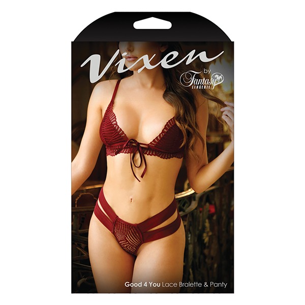 Vixen Good 4 You Lace Triangle Bralette & Panty Burgundy (One Size Fits Most)