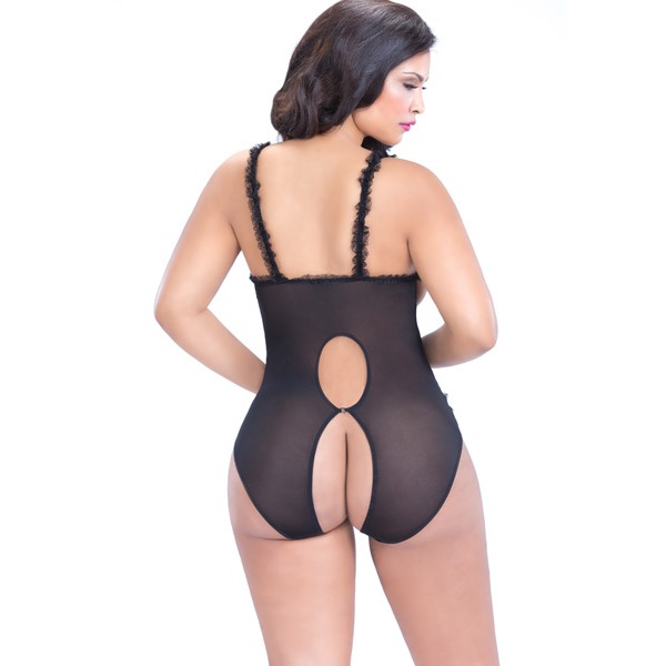 Lace Open Cup & Crotchless Teddy Black QN