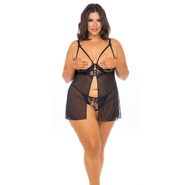 Kira-Embroidered-Open-Cup-Flyaway-Babydoll-and-G-String-Black-1X