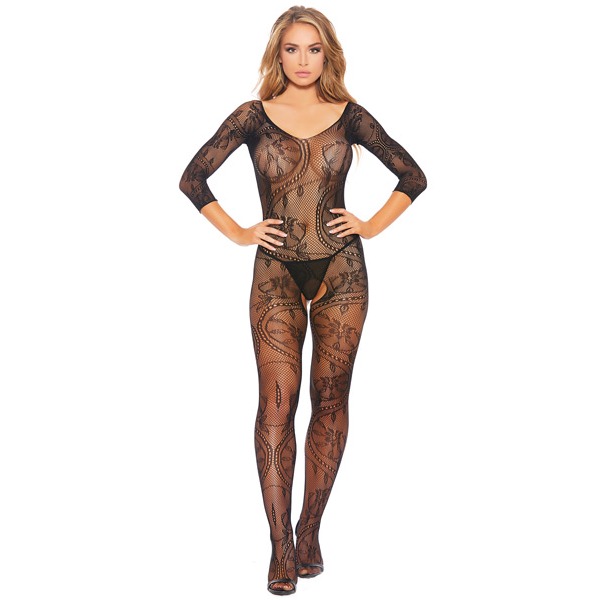 Fishnet & Patterned Open Crotch Bodystocking Black (One Size Fits Most)