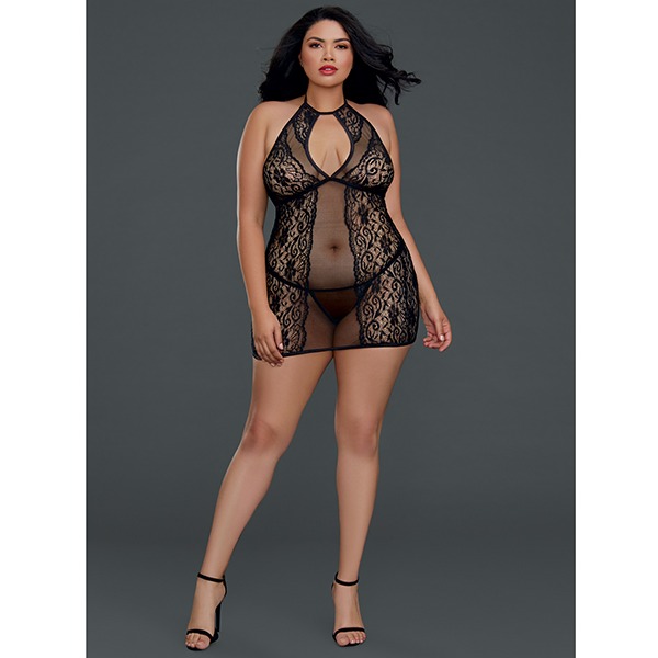 Sheer Lace Chemise w/G-String Black QN