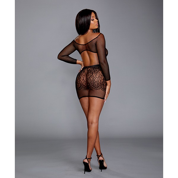 Seamless Fishnet & Lace Versatile Chemise Black (One Size Fits Most)