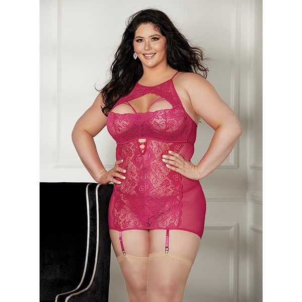Collared Sheer Lace & Gartered Chemise Raspberry 2X