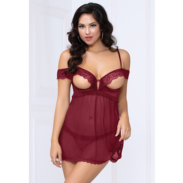 Lace & Mesh Open Cups Babydoll w/Fly Away Back & Panty Wine MD