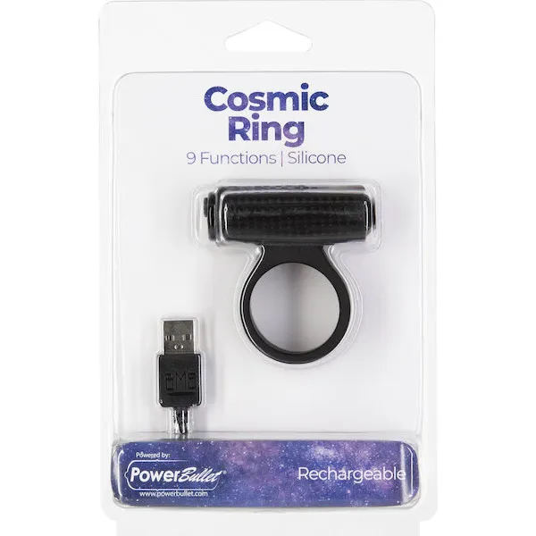 Cosmic Cock Ring w/Rechargeable Bullet - 9 Functions Black