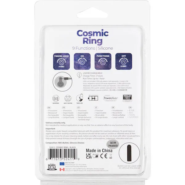 Cosmic Cock Ring w/Rechargeable Bullet - 9 Functions Black