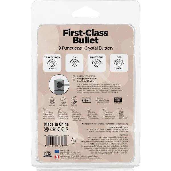 First Class Mini Rechargeable Bullet w/Crystal - 9 Functions Gun Metal