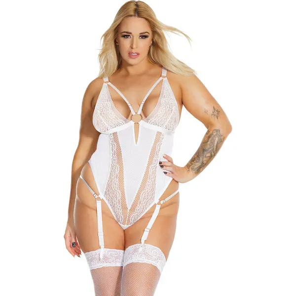 Black-Label-Net-and-Scallop-Lace-Teddy-w-Adjustable-Garters-White-OS-XL
