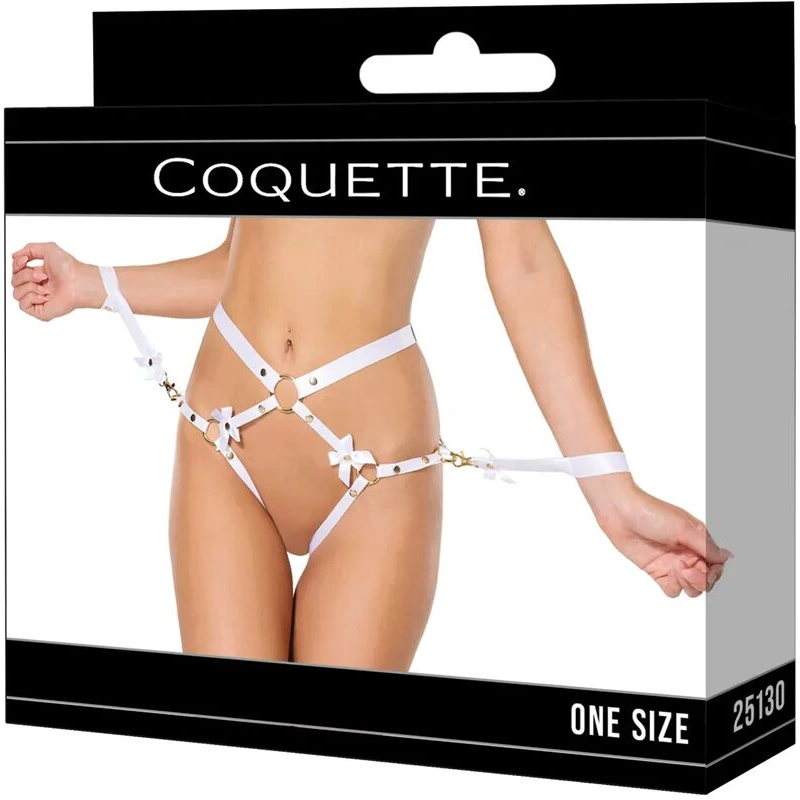 Satin-Ribbon-w-Elastic-Harness-and-Cuffs-Set-White-Gold-O-S