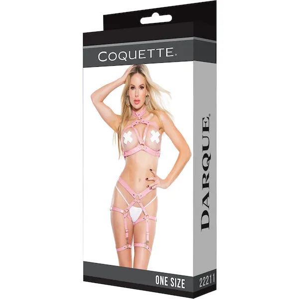 Darque-PVC-Harness-Open-Cup-Halter-Top-and-Garter-Leg-Bands-Pink-OS