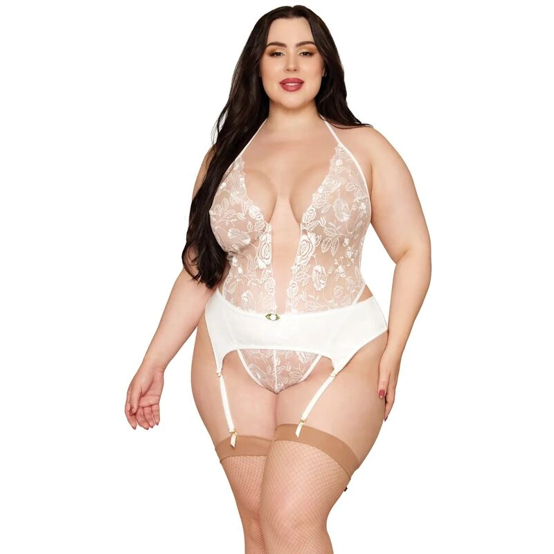 Rose-Embroidered-Lace-Teddy-w-Removable-Satin-Garter-2-pc-Set-White-1X