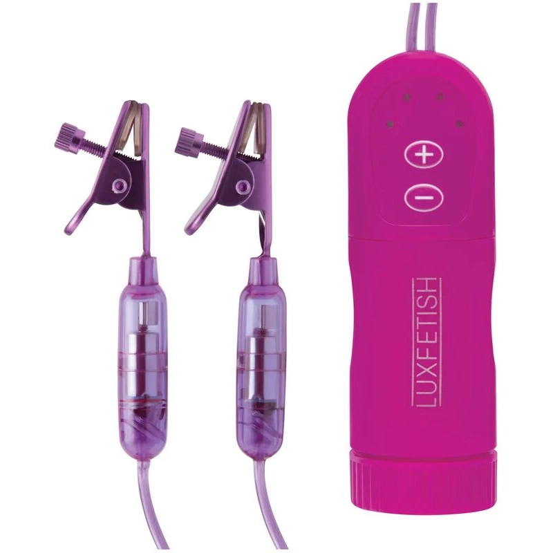 Lux-Fetish-Vibrating-Nipple-Clamps-w-Wired-Remote-Control-Pink-Purple