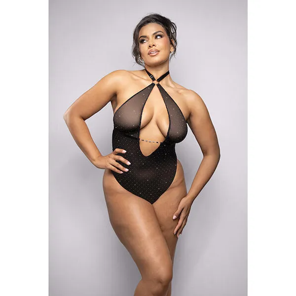 Rhinestone-Mesh-Halter-Teddy-w-Jeweled-Center-Strap-Black-1X-2X