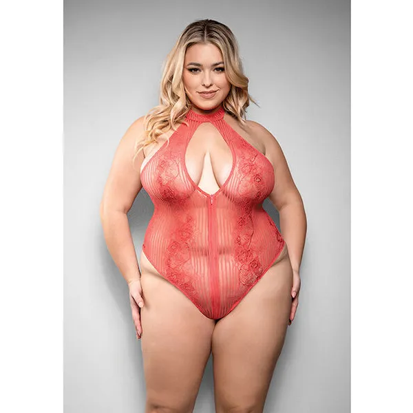 Temptress-Calliope-Striped-Sheer-Floral-Lace-Zippered-Teddy-Coral-3X-4X