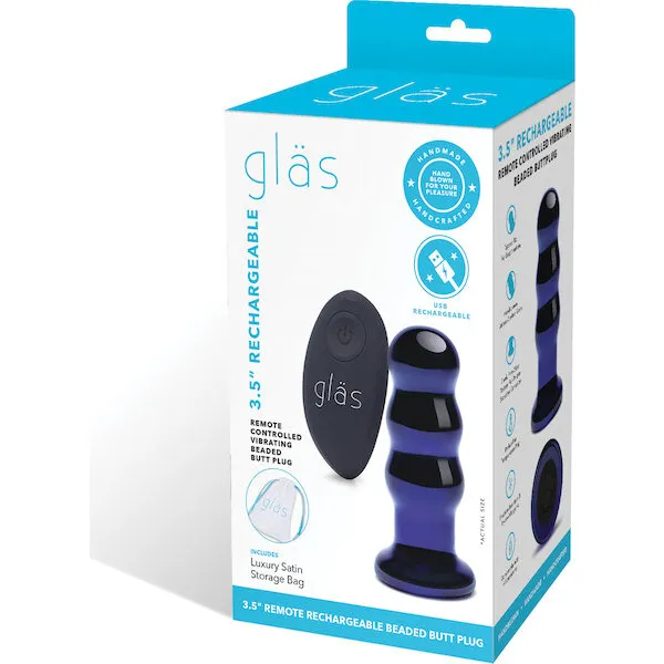 Glas-3-5-inch-Rechargeable-Vibrating-Beaded-Butt-Plug-Blue