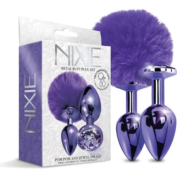 Nixie-Metal-Butt-Plug-Set-w-Jewel-Inlaid-and-Pom-Pom-Purple-Metallic