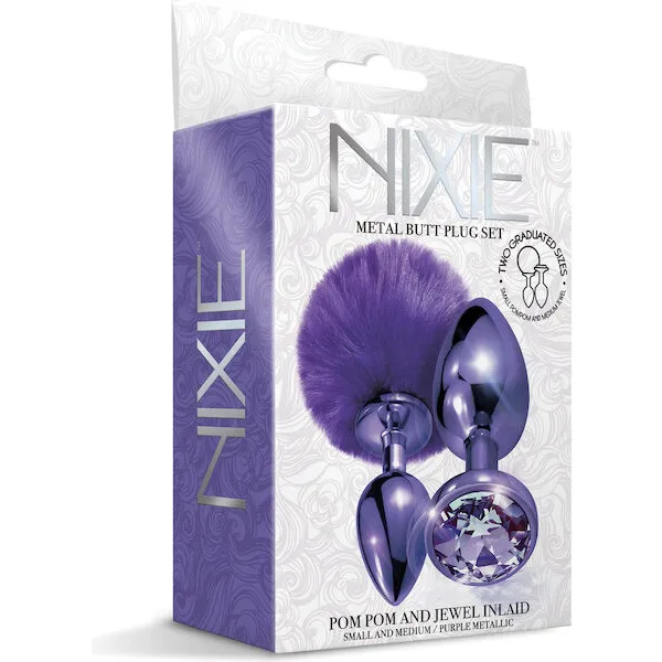 Nixie-Metal-Butt-Plug-Set-w-Jewel-Inlaid-and-Pom-Pom-Purple-Metallic