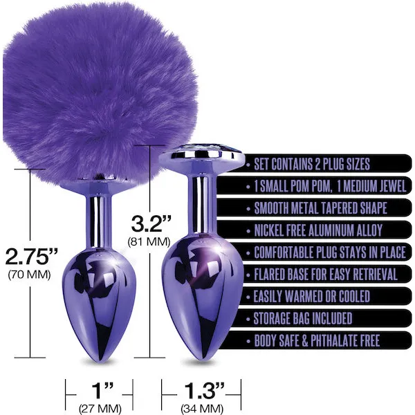 Nixie-Metal-Butt-Plug-Set-w-Jewel-Inlaid-and-Pom-Pom-Purple-Metallic