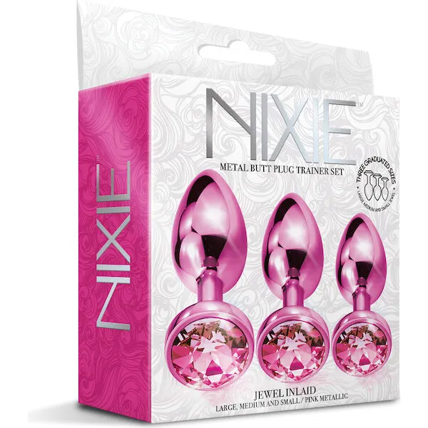 Nixie-Metal-Butt-Plug-Trainer-Set-w-Inlaid-Jewel-Pink-Metallic