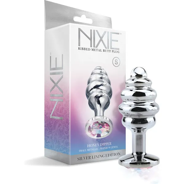 Nixie-Honey-Dipper-Ribbed-Metal-Rainbow-Jeweled-Butt-Plug-Small