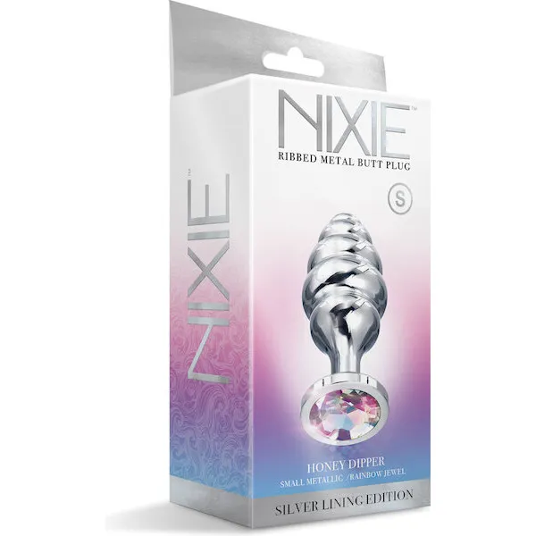 Nixie-Honey-Dipper-Ribbed-Metal-Rainbow-Jeweled-Butt-Plug-Small