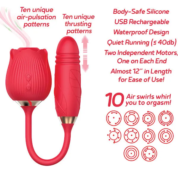 Wild Rose Rechargeable Silicone Suction & Thruster Vibrator - Red