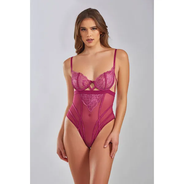 Quinn Cross Dyed Galloon Lace &amp; Mesh Teddy Wine MD
