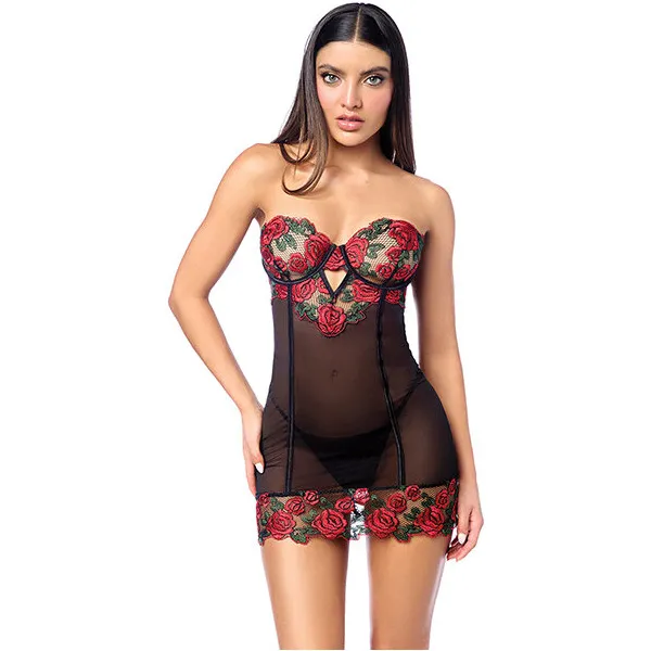 Untamed-Floral-Embroidered-Underwire-Babydoll-w-Back-Lace-Up-Detail-and-G-String-Black-Red-SM