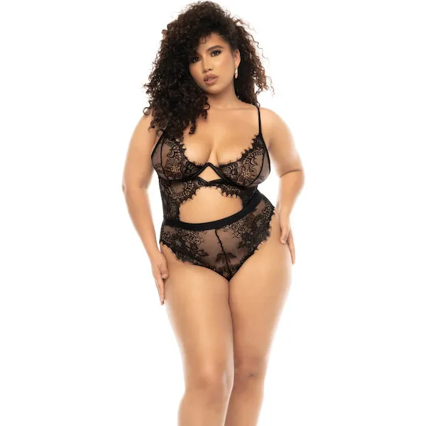 Floral-Lace-and-Mesh-Underwire-Teddy-w-Keyhole-Details-Black-1X-2X