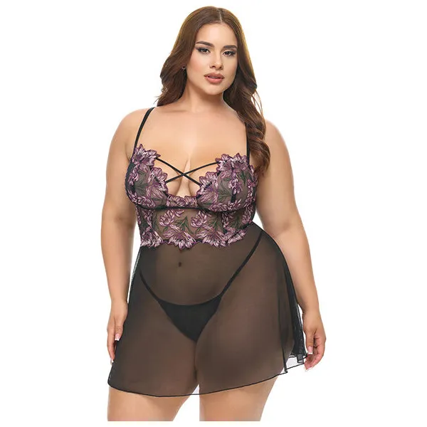 Adela-Embroidered-Boned-Lace-and-Mesh-Babydoll-w-G-String-2-pc-Set-Black-Pink-2X