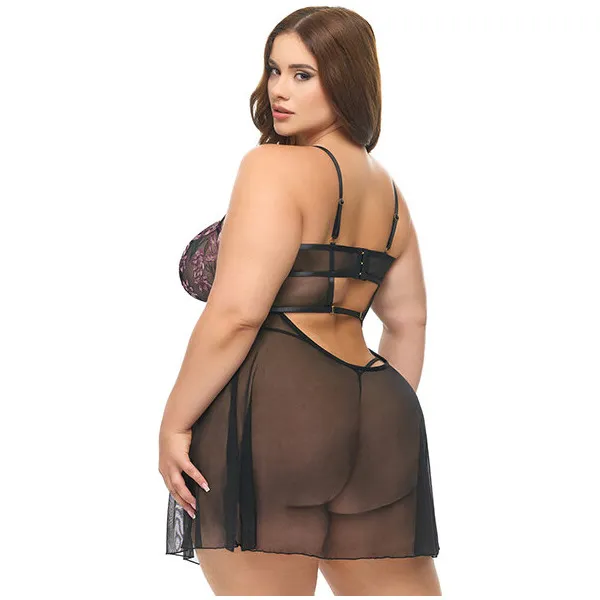 Adela-Embroidered-Boned-Lace-and-Mesh-Babydoll-w-G-String-2-pc-Set-Black-Pink-2X