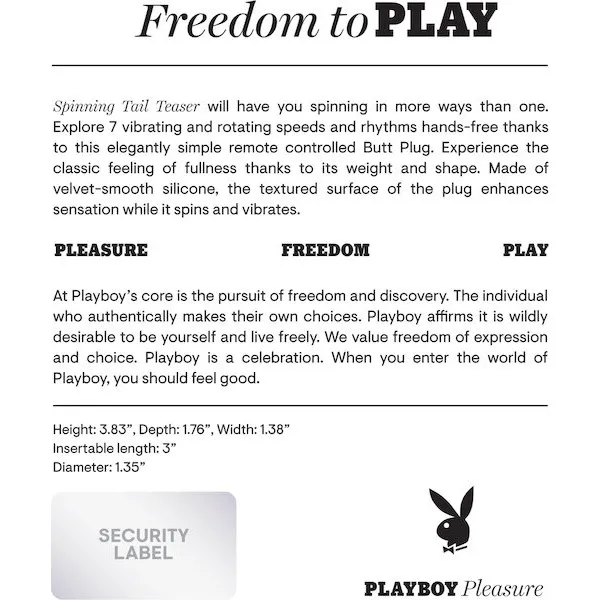 Playboy Pleasure Spinning Tail Teaser Butt Plug - Salute