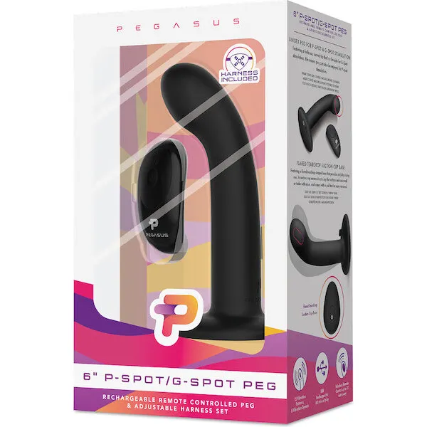 Pegasus 6" Rechargeable P-Spot G-Spot Peg w/Adjustable Harness & Remote Set - Black