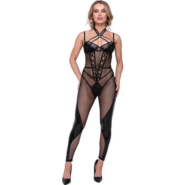 Flirty-FETISH-Fishnet-and-Faux-Leather-Catsuit-w-Satin-Trim-Black-XL