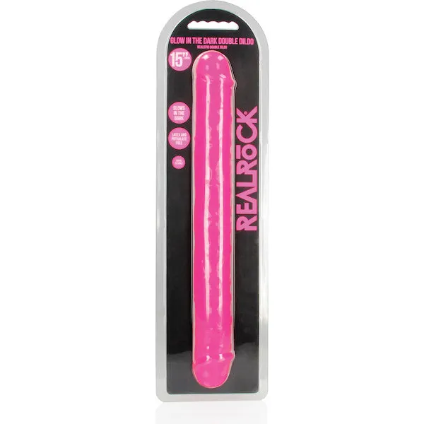 Shots-RealRock-15-inch-Double-Dong-Glow-in-the-Dark-Neon-Pink