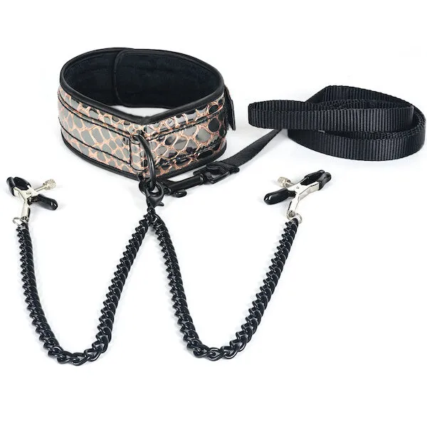 Spartacus-Faux-Leather-Collar-and-Leash-w-Black-Nipple-Clamps-Gold