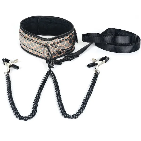Spartacus-Faux-Leather-Collar-and-Leash-w-Black-Nipple-Clamps-Gold