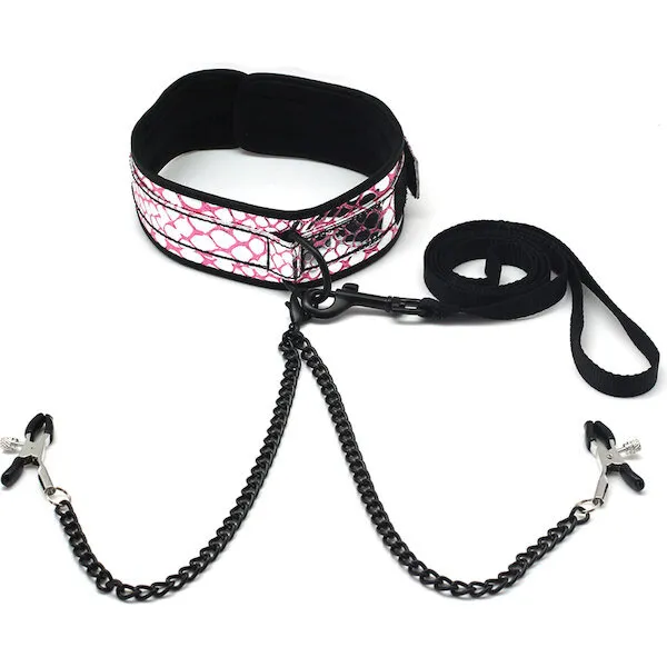 Spartacus-Faux-Leather-Collar-and-Leash-w-Black-Nipple-Clamps-Pink