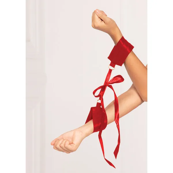 Satin-Elastic-Cuffs-D-Ring-and-Satin-Ribbon-Tie-Red-One-Size-Fits-Most-