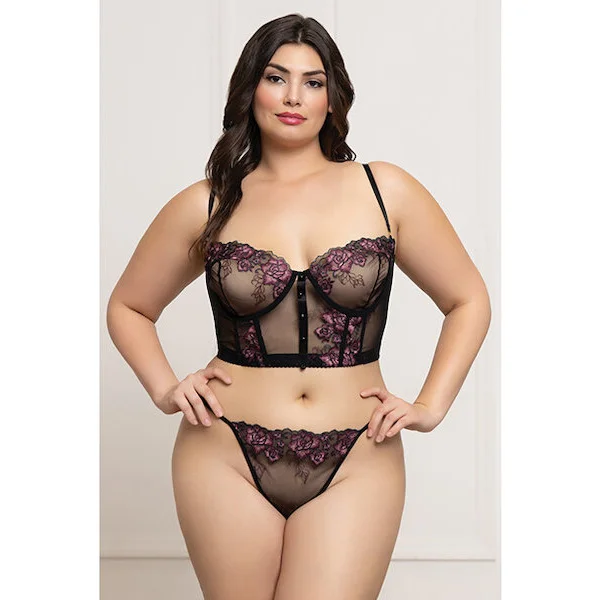 Floral-Lace-and-Mesh-Underwire-Bustier-w-Thong-2-pc-Set-Black-Purple-1X-2X
